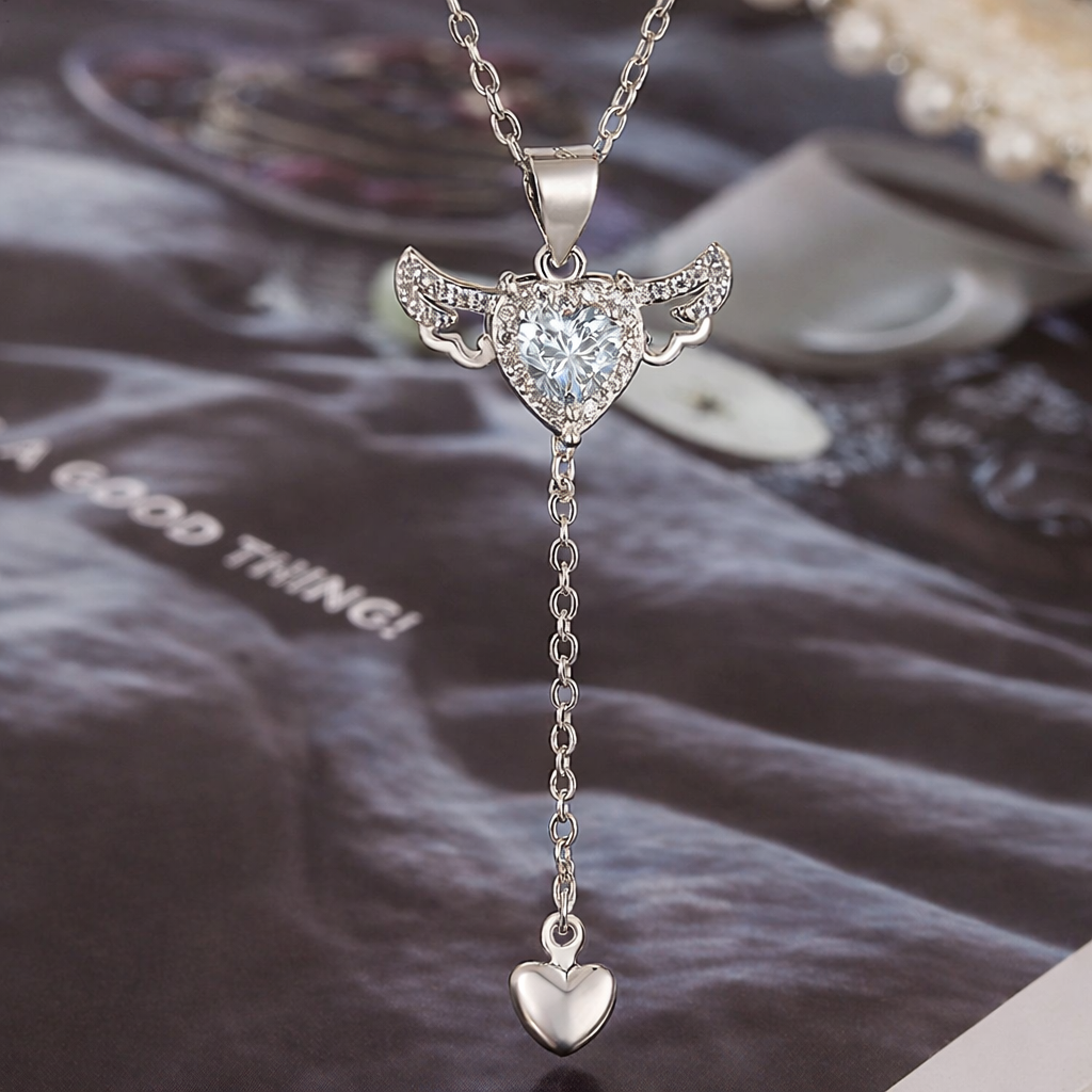 Angel Wing Heart Necklace – Crystal Pendant Choker – Cute Aesthetic Jewelry Gift for Girlfriend or Best Friend