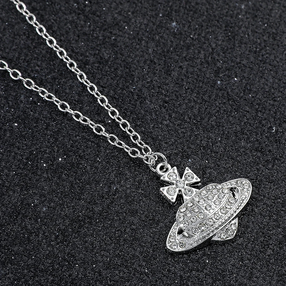 Silver Crystal Orb Pendant Necklace – Y2K Designer-Inspired Saturn Charm, Dainty Aesthetic Jewelry