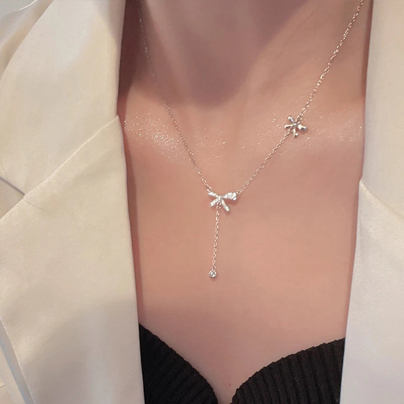 Zircon Bow Pendant Necklace for Women | Sparkly Crystal Drop Clavicle Chain | Elegant Everyday Jewelry Gift