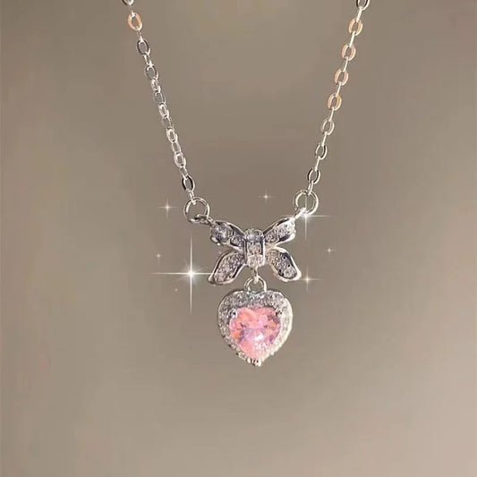 Y2K Pink Crystal Heart Bow Necklace – Dainty Sparkly Charm, Soft Girl Aesthetic Jewelry