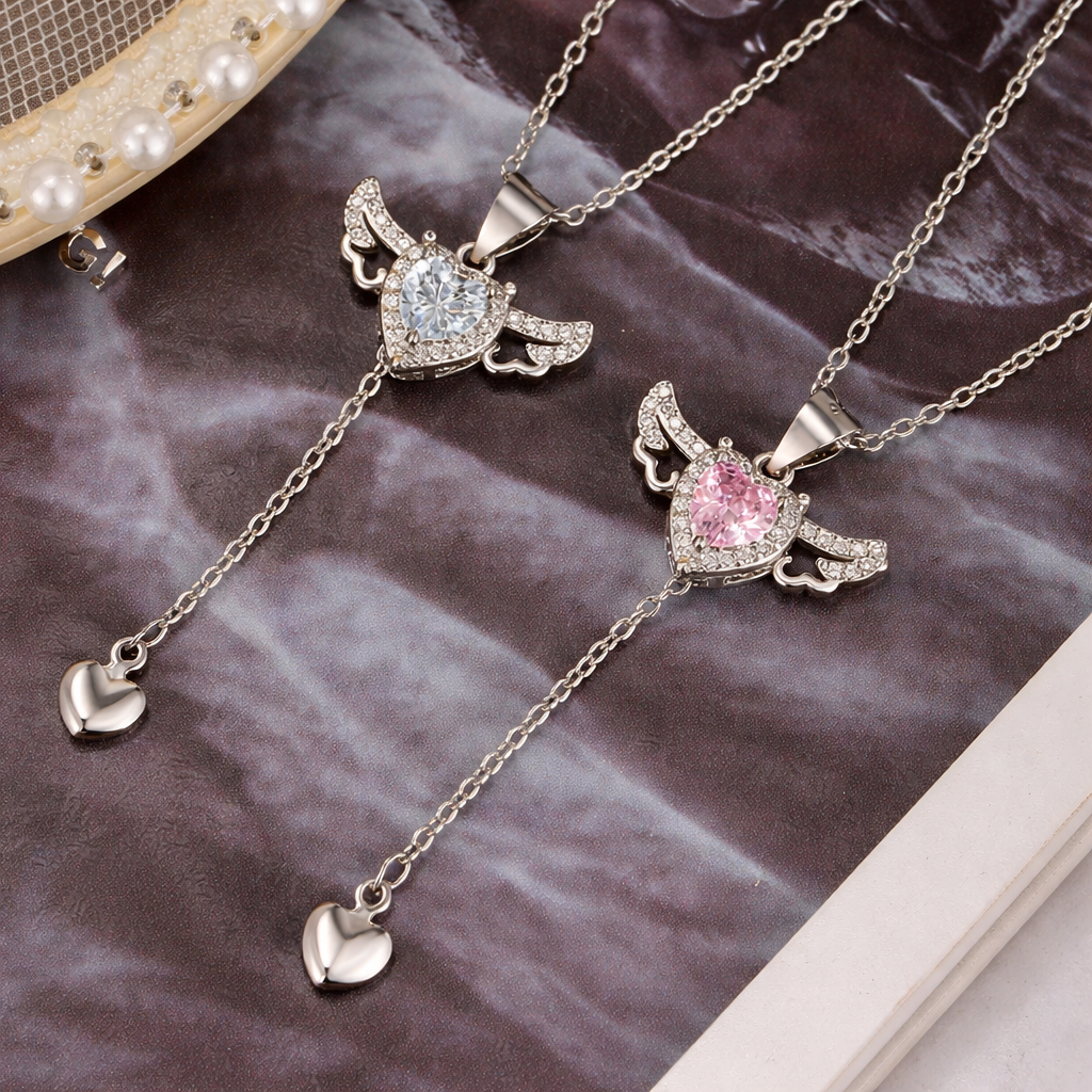 Angel Wing Heart Necklace – Crystal Pendant Choker – Cute Aesthetic Jewelry Gift for Girlfriend or Best Friend