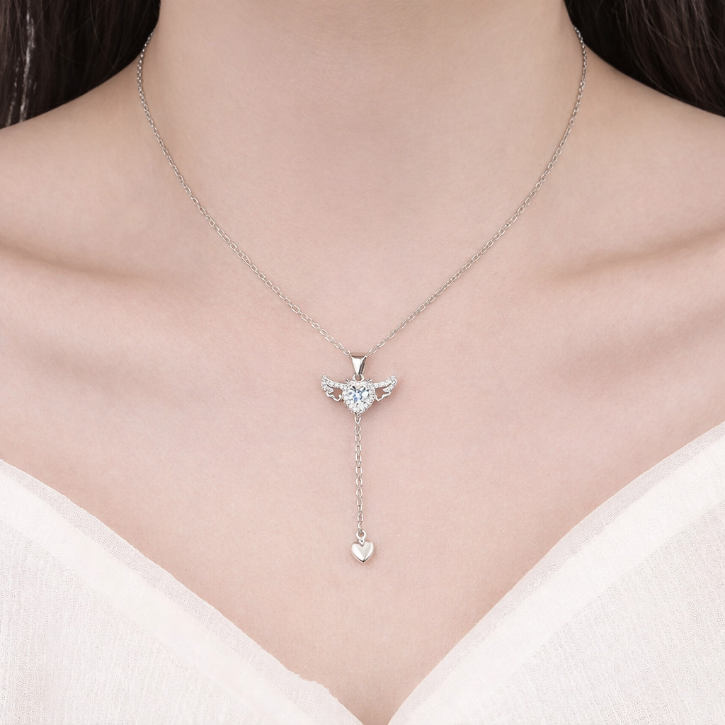 Angel Wing Heart Necklace – Crystal Pendant Choker – Cute Aesthetic Jewelry Gift for Girlfriend or Best Friend