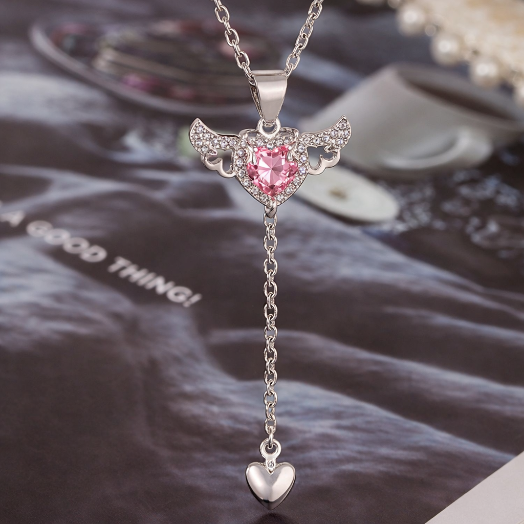 Angel Wing Heart Necklace – Crystal Pendant Choker – Cute Aesthetic Jewelry Gift for Girlfriend or Best Friend