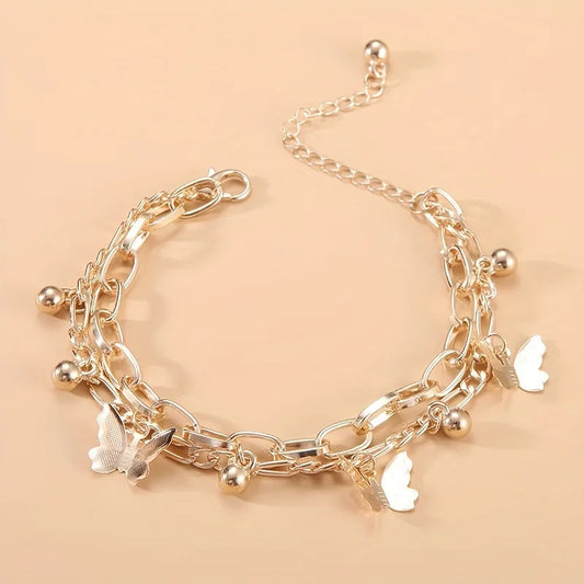 Double Layer Charm Bracelet – Heart Butterfly Pendant, Silver Multi-Layer Chain Jewelry