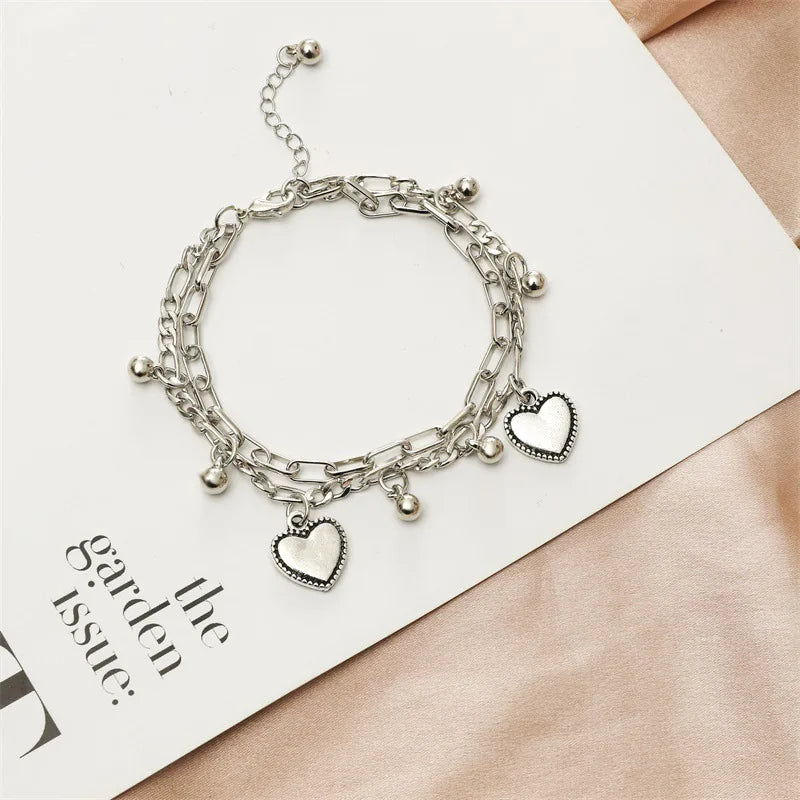 Double Layer Charm Bracelet – Heart Butterfly Pendant, Silver Multi-Layer Chain Jewelry