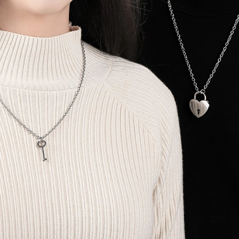 Heart Lock & Key Couple Necklace Set – Stainless Steel Matching Necklaces, Valentine’s Gift