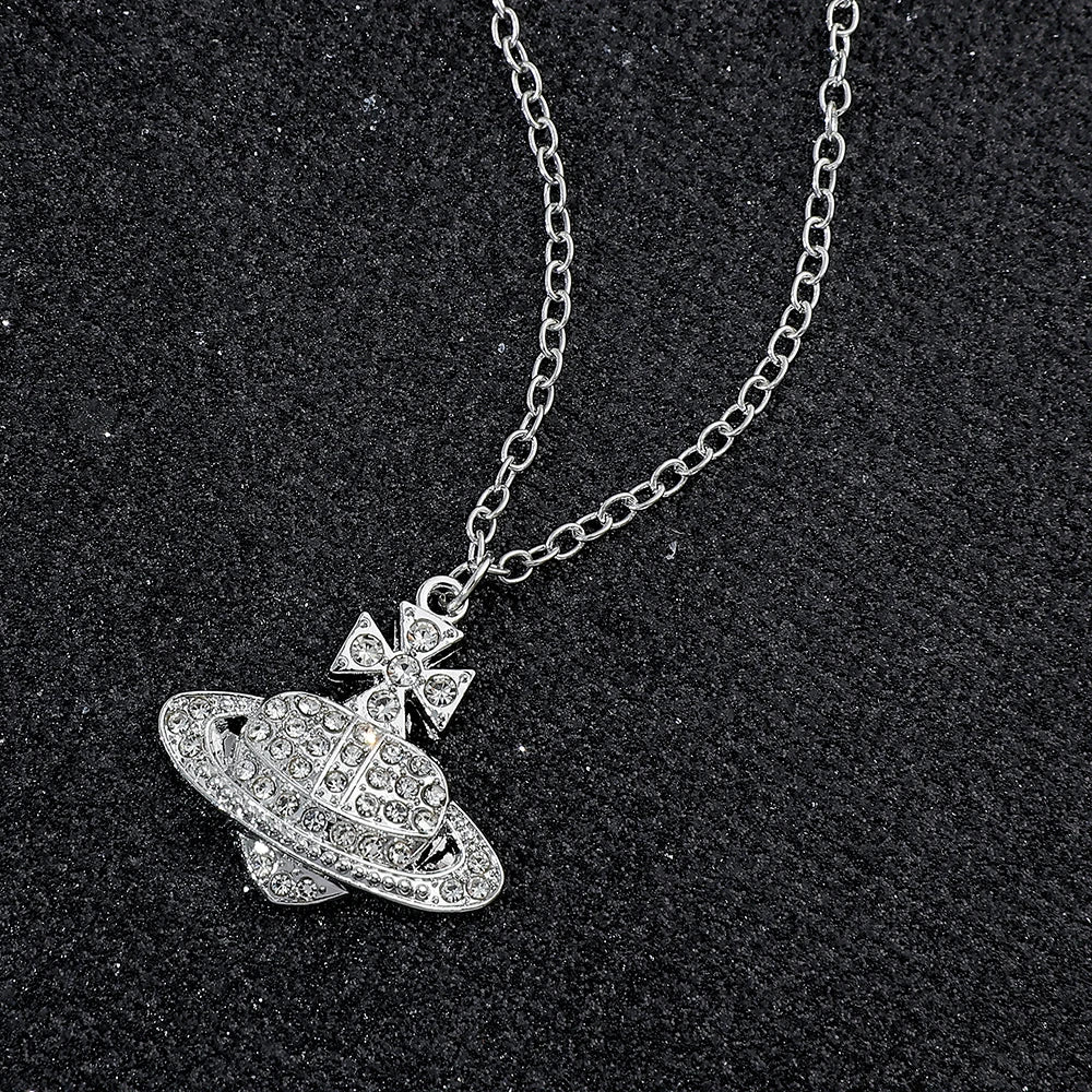 Silver Crystal Orb Pendant Necklace – Y2K Designer-Inspired Saturn Charm, Dainty Aesthetic Jewelry