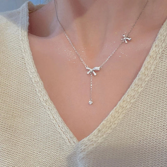 Zircon Bow Pendant Necklace for Women | Sparkly Crystal Drop Clavicle Chain | Elegant Everyday Jewelry Gift