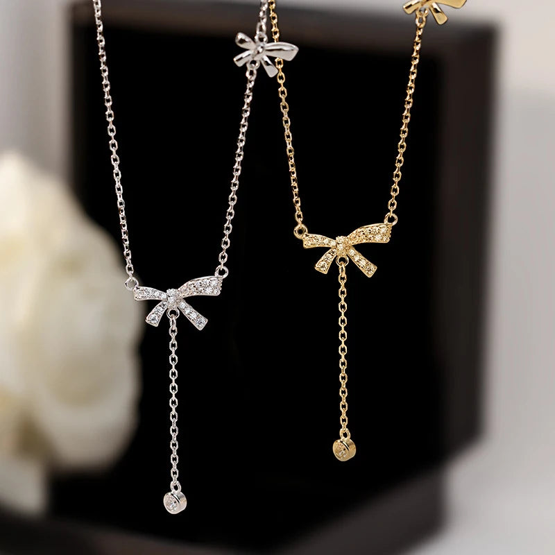 Zircon Bow Pendant Necklace for Women | Sparkly Crystal Drop Clavicle Chain | Elegant Everyday Jewelry Gift