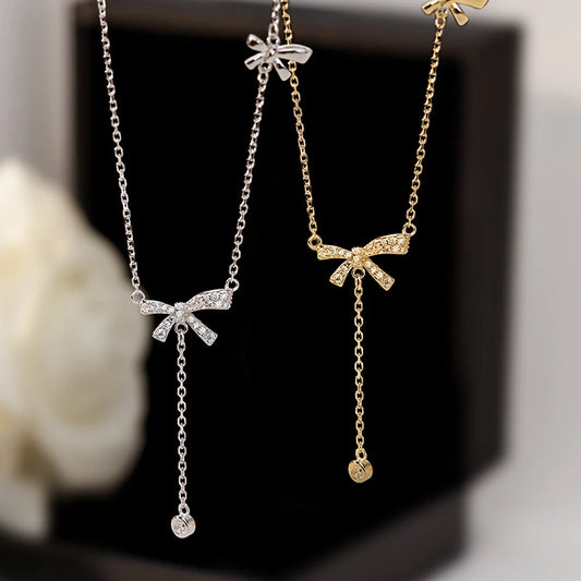 Zircon Bow Pendant Necklace for Women | Sparkly Crystal Drop Clavicle Chain | Elegant Everyday Jewelry Gift