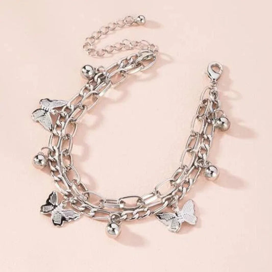 Double Layer Charm Bracelet – Heart Butterfly Pendant, Silver Multi-Layer Chain Jewelry