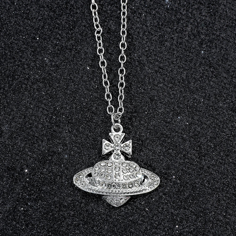 Silver Crystal Orb Pendant Necklace – Y2K Designer-Inspired Saturn Charm, Dainty Aesthetic Jewelry