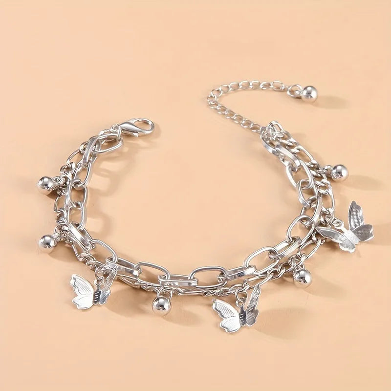 Double Layer Charm Bracelet – Heart Butterfly Pendant, Silver Multi-Layer Chain Jewelry