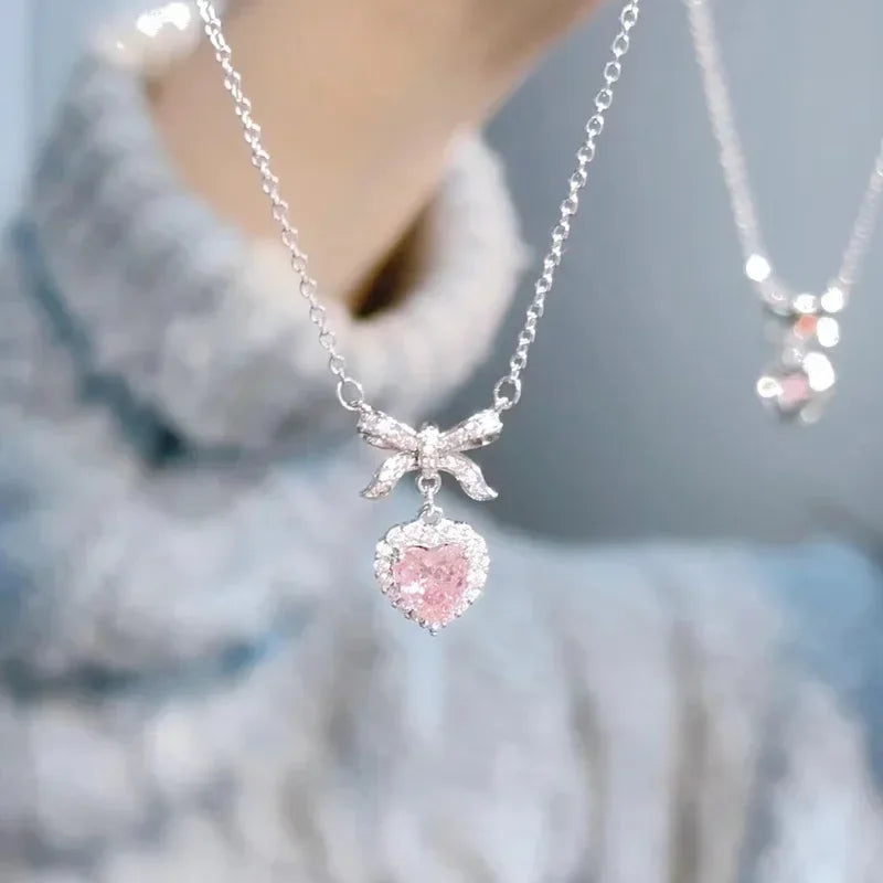 Y2K Pink Crystal Heart Bow Necklace – Dainty Sparkly Charm, Soft Girl Aesthetic Jewelry