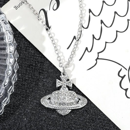 Silver Crystal Orb Pendant Necklace – Y2K Designer-Inspired Saturn Charm, Dainty Aesthetic Jewelry