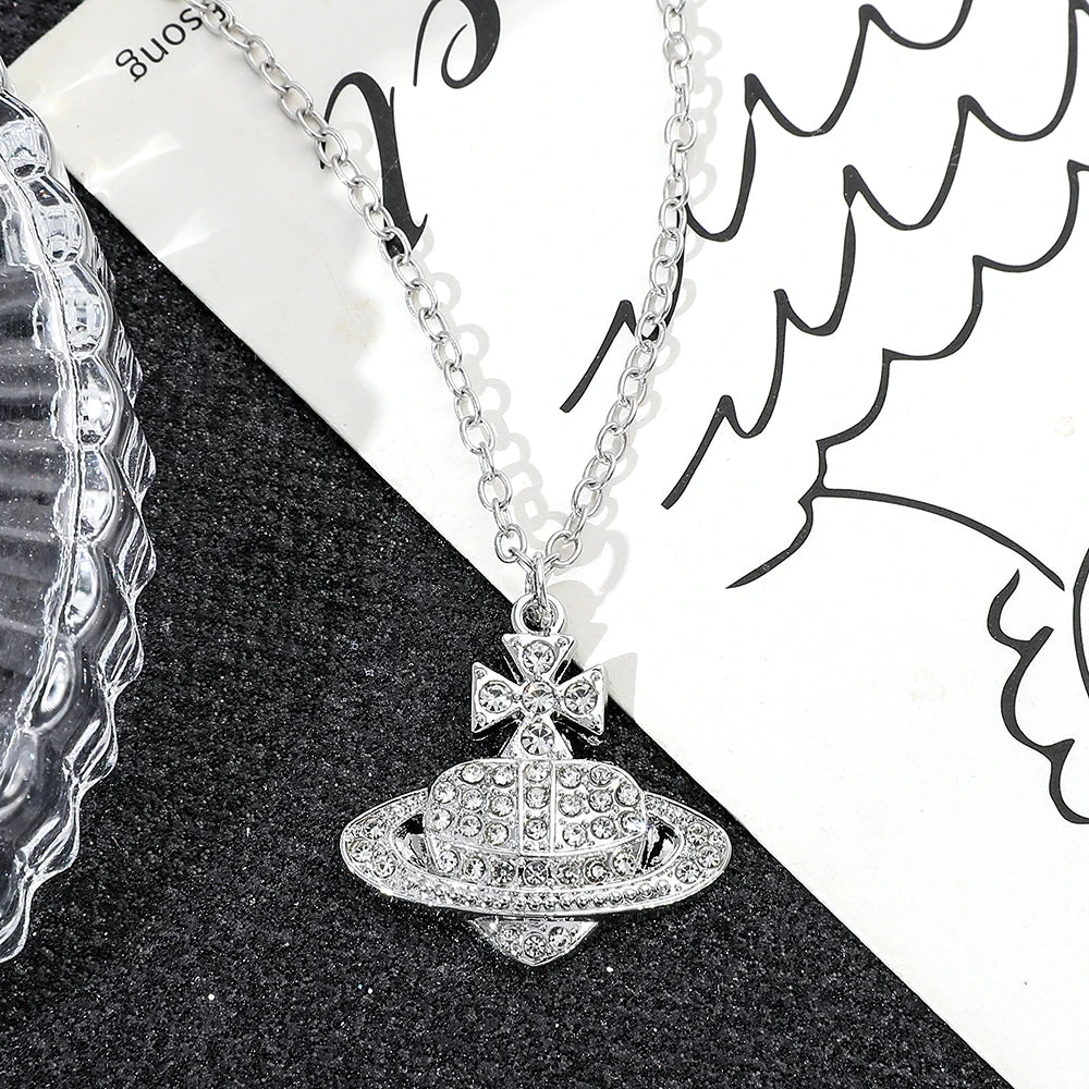 Silver Crystal Orb Pendant Necklace – Y2K Designer-Inspired Saturn Charm, Dainty Aesthetic Jewelry