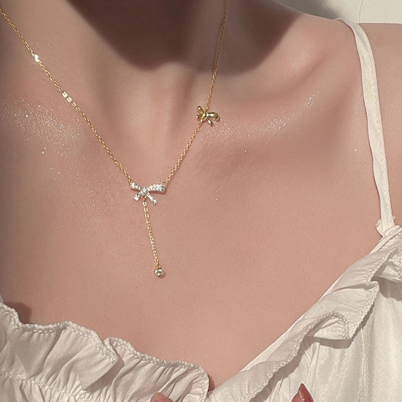 Zircon Bow Pendant Necklace for Women | Sparkly Crystal Drop Clavicle Chain | Elegant Everyday Jewelry Gift
