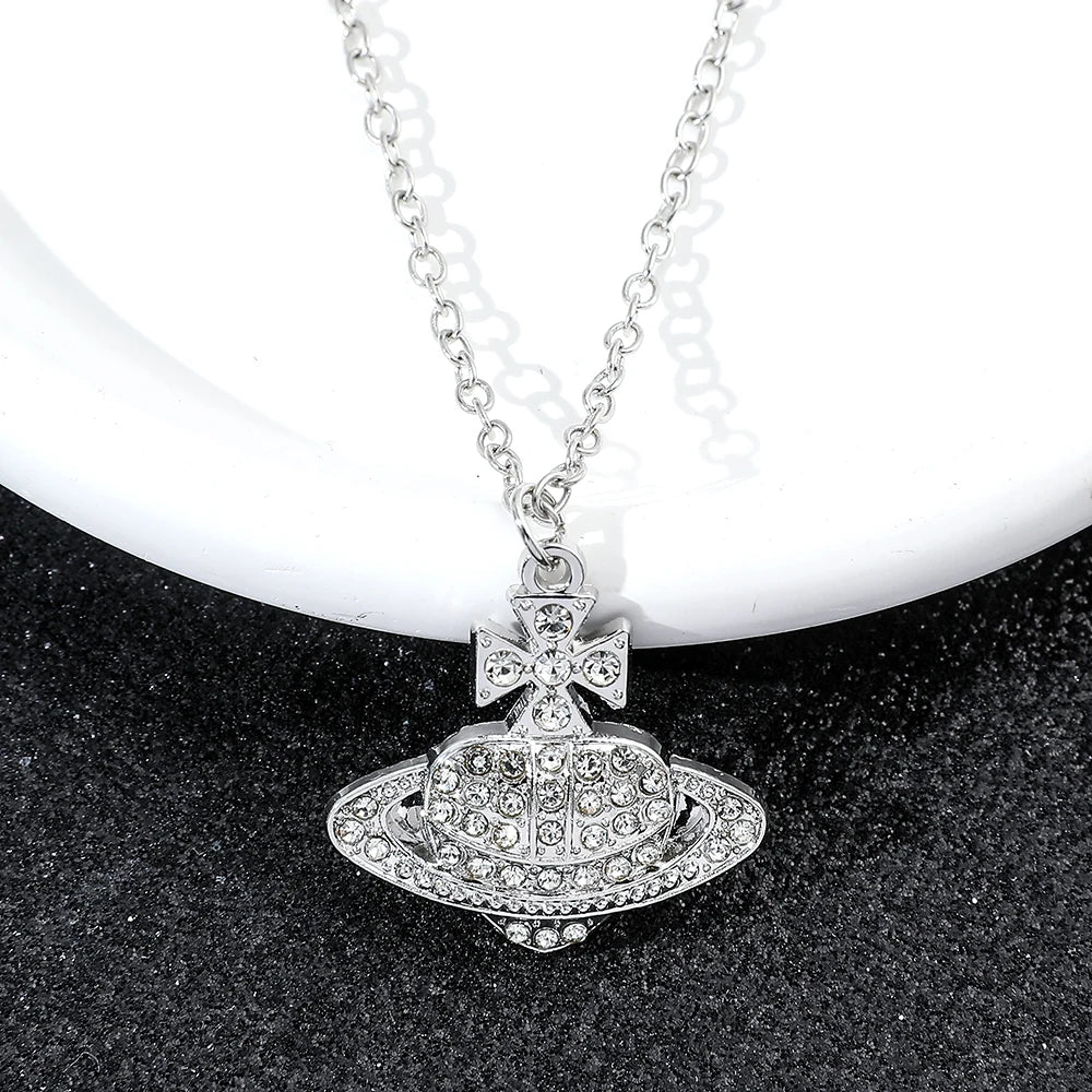 Silver Crystal Orb Pendant Necklace – Y2K Designer-Inspired Saturn Charm, Dainty Aesthetic Jewelry
