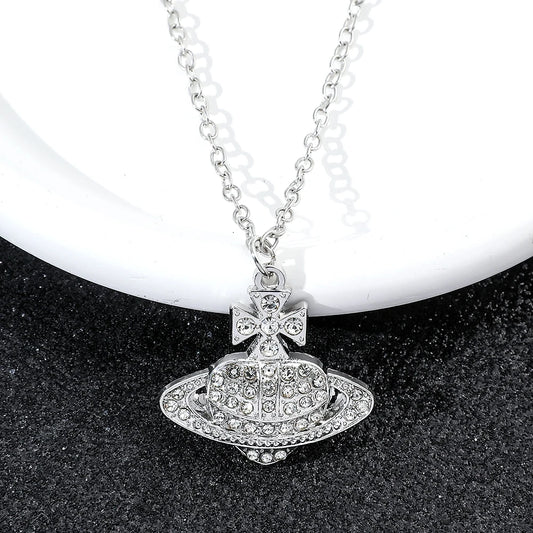 Silver Crystal Orb Pendant Necklace – Y2K Designer-Inspired Saturn Charm, Dainty Aesthetic Jewelry