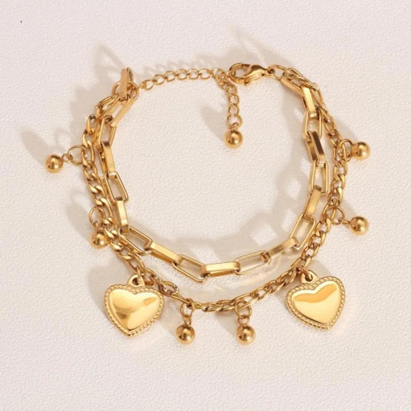 Double Layer Charm Bracelet – Heart Butterfly Pendant, Silver Multi-Layer Chain Jewelry