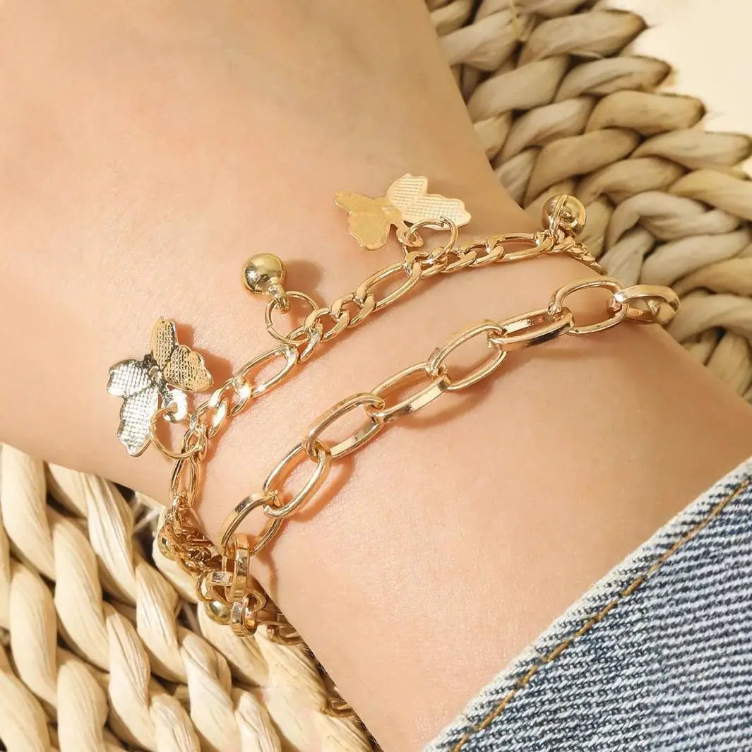 Double Layer Charm Bracelet – Heart Butterfly Pendant, Silver Multi-Layer Chain Jewelry