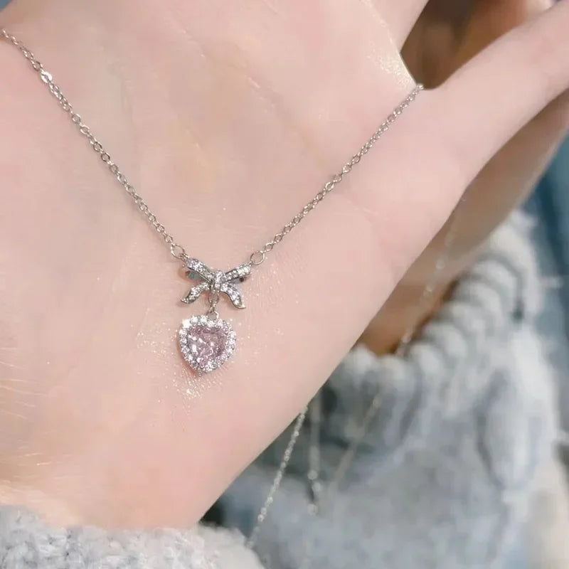 Y2K Pink Crystal Heart Bow Necklace – Dainty Sparkly Charm, Soft Girl Aesthetic Jewelry