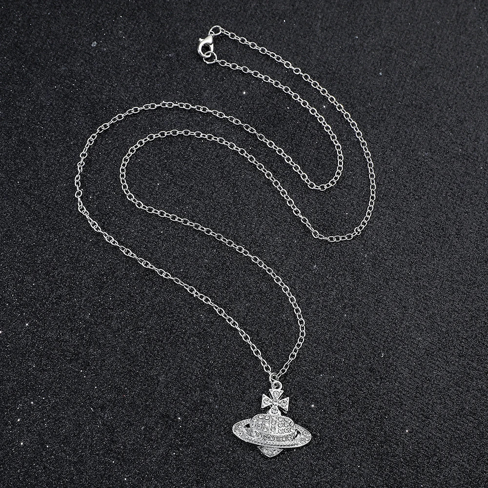 Silver Crystal Orb Pendant Necklace – Y2K Designer-Inspired Saturn Charm, Dainty Aesthetic Jewelry