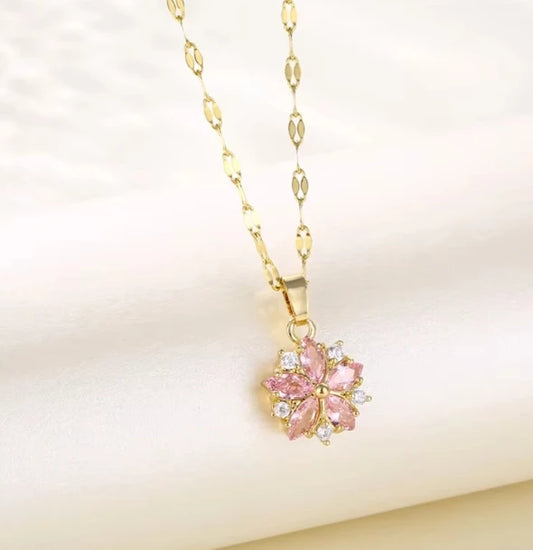 New Sweet Pink Cherry Blossoms Pendant Stainless Steel Necklaces For Women Korean Fashion Temperament Clavicle Chain Jewelry